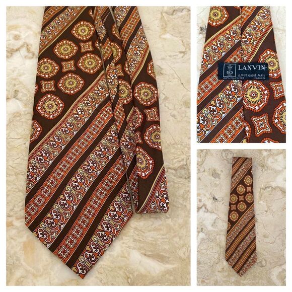 Vintage Lanvin 1970’s Wide Tie Brown Orange Tan - Picture 1 of 7